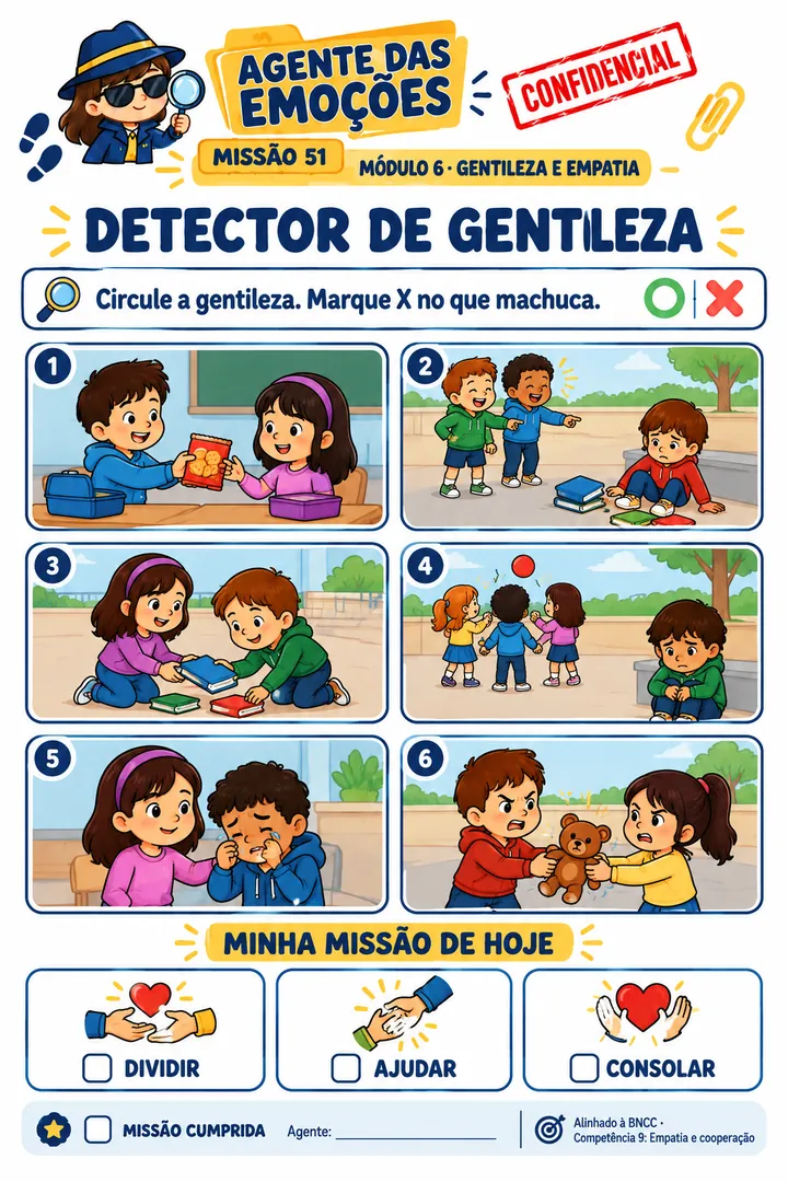 Missão 51 · Detector de Gentileza: circular a gentileza e marcar X no que machuca