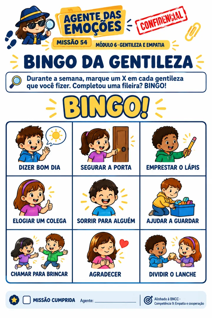 Missão 54 · Bingo da Gentileza: cartela pra marcar as gentilezas da semana