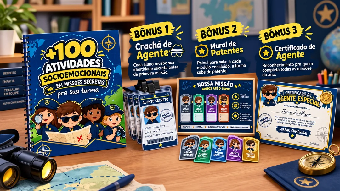Kit completo do Agente das Emoções: 100 atividades, Crachá de Agente, Mural de Patentes e Certificado de Agente
